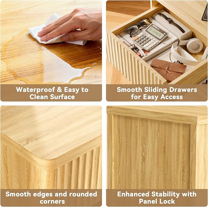 Fluted Nightstands Set of 2, Bedside Tables with Wave Pattern Drawer, Open Shelf & Rounded Corners, Modern Wood End Table for Small Space, Bedroom Decor