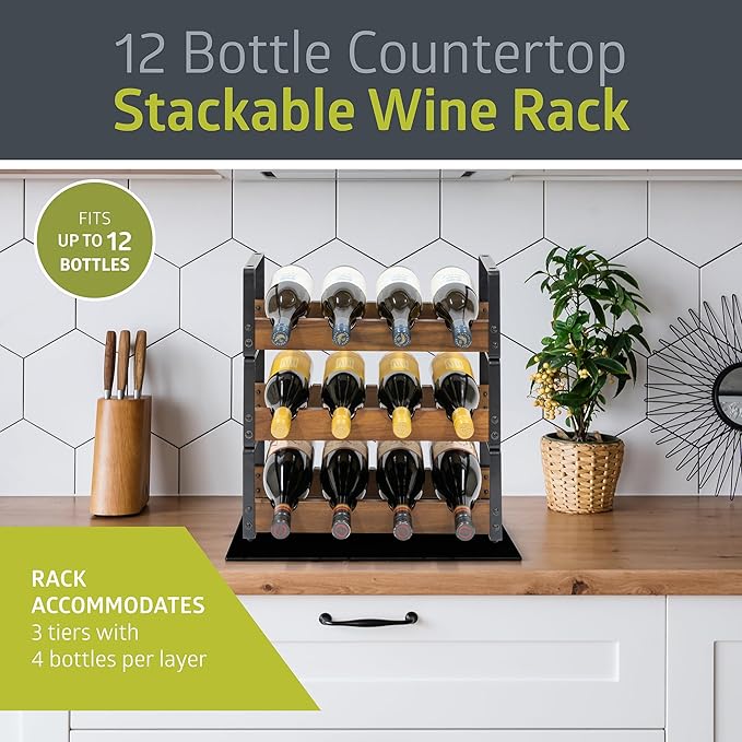 Pearington 12 Bottle Stackable Wine Rack, Rustic 3-Tier Solid Acacia Wood and Iron Wine Bottle Holder, Free Standing Countertop Liquor Display Shelf, 17" x 7.2" x 16.5"