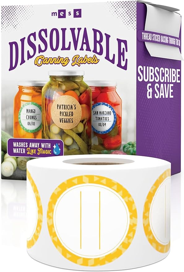 Canning Labels Dissolvable Stickers for Mason Jars and More (2" Round 200/roll) Canning Supplies Washes Off in Seconds Like Magic - Jar Labels Homemade Jam, Jelly, and More (Amber)