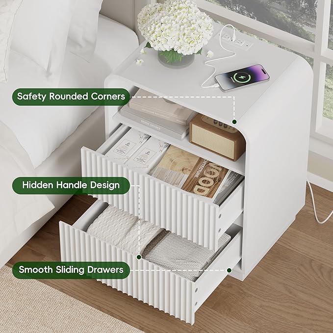 White Nightstand with Charging Station, Mid Century Modern Bedside Table & End Table, Fluted Wood Small Night Stand with 2 Hidden Drawers and Storage Shelf for Bedroom
