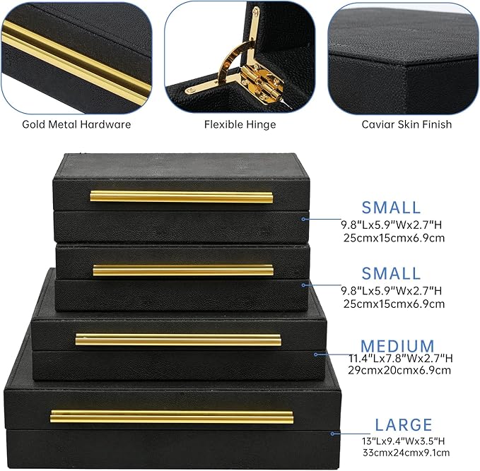 Faux Shagreen Leather Jewelry Boxes Set of 4 with Gold Handles, Stackable Decorative Storage Organizer for Rings, Earrings, Vanity, Dresser, Black