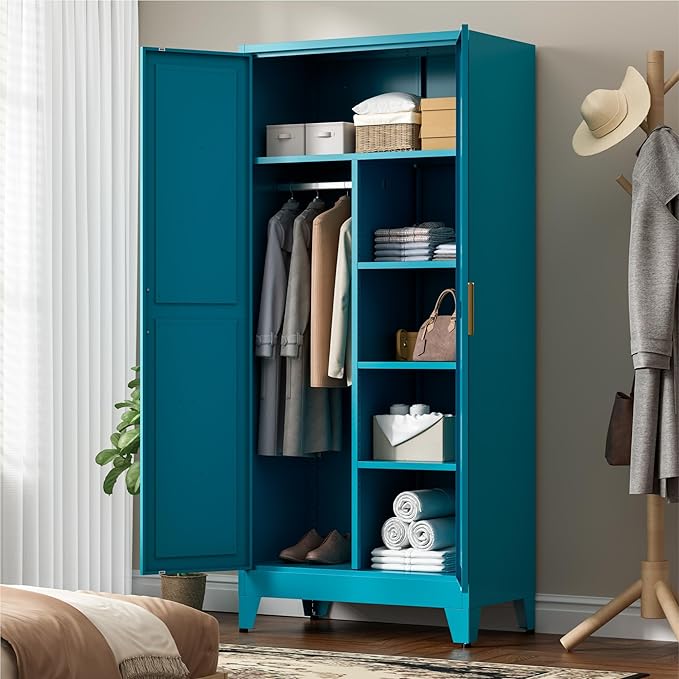 71" Tall Metal Wardrobe Closet with Adjustable Shelves and Hanging Rod, 2 Doors Office Storage Locker Cabinet for Home, Office, Bedroom, Laundry Room, Blue