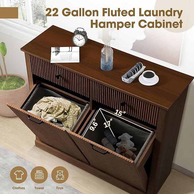Grepatio Tilt Out Fluted Laundry Hamper Cabinet, 22 Gallon Double Hidden Laundry Hamper, Wooden Trash Can Cabinets with 2 Drawers, Modern Garbage Can Cabinet for Bathroom, Kitchen (Brown, Double)