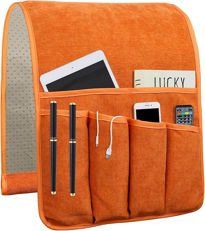 NB Sofa Armrest Organize remote holder bedside caddy organizer with 5 pockets，non-slip couch remote control holder couch armchair caddy accessories (Orange, 35"x12.4")