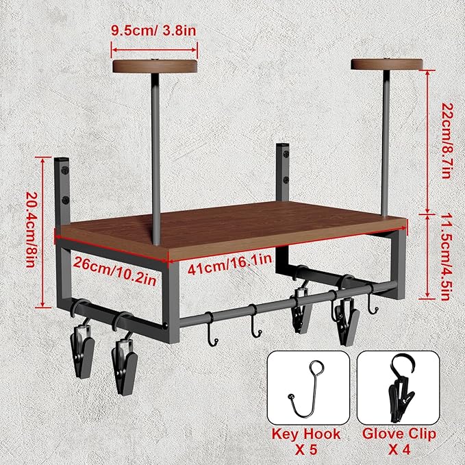 Helmet Holder Wall Mount, Retro Helmet Rack with Wooden Board, 2 Helmet Stands for Moto Gear Storage, Football Accessories Organizer, 4 Clips 5 Hooks for Hanging Gloves Keys, and Tactical Vests
