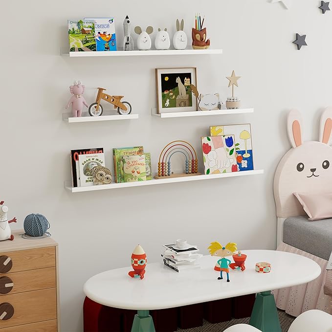 Fun Memories Picture Ledge Shelf, 48 Inch Long Floating Shelves Set of 6, Picture Shelf for Wall with Lip, Large Nursery Book Shelves for Storage, Wall Shelves for Living Room Bedroom Kitchen, White
