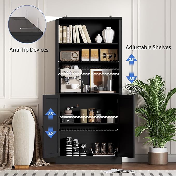 71.4" Tall Bookshelf with Cabinet, 5-Tier Floor Standing Bookcase with Doors & Adjustable Shelves, 31.5" Wide Storage Shelf, Metal Handles, Modern Organizer for Home Office, Living Room