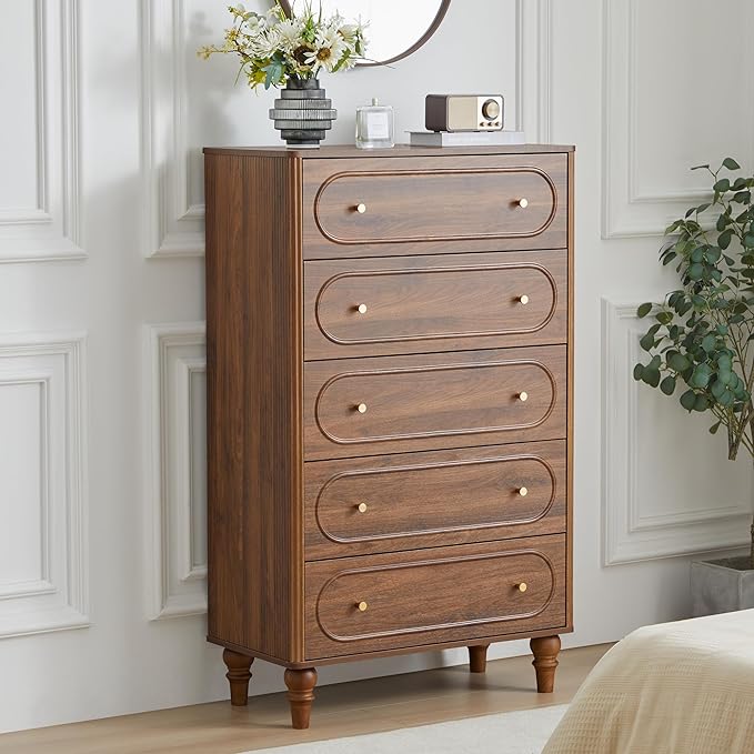 5 Drawer Fluted Dresser for Bedroom, Mid Century Modern Chest of Drawers, Wood Storage Large Dresser Organizer for Bedroom Living Room Hallway Closet, Walnut