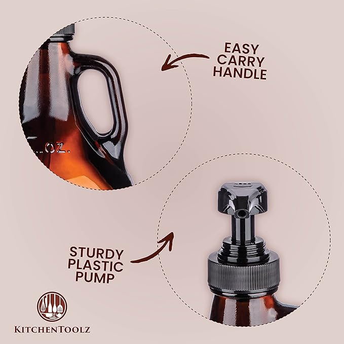 Half Gallon Glass Pump Dispenser Bottle, Large Jug with Pump for Laundry Soap Dispenser, Liquid Detergent, Fabric Softener, Syrup Pump - 64 oz Capacity - Amber Bottle- Pack of 2, by Kitchentoolz
