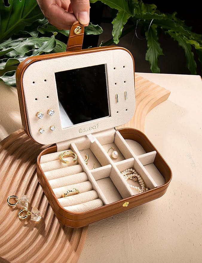 S.Leaf Travel Jewelry Organizer Boxes for Women Small Portable Necklace Earrings Bracelet Rings Travel Case Best Friend Birthday Gifts for Women Trendy (16_Crocodile_Brown_Big)