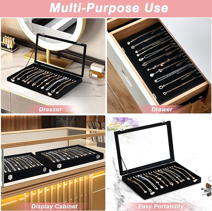 Cirhy Necklace Organizer Box, Anti-Tarnish Jewelry Box & Dustproof Necklace Case, Velvet Jewelry Tray for Drawer Storage, Tangle-Free Jewelry Organizer with Clear Lid, Christmas Gift for Women & Girls