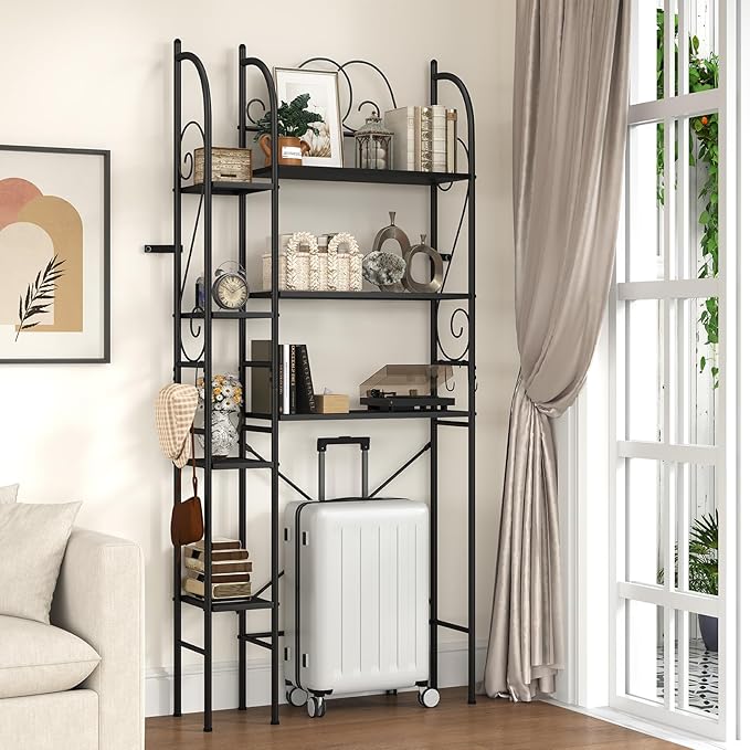 7-Tier Over the Toilet Storage Rack, Heavy-Duty Metal Bathroom Organizer with Adjustable Shelf, Toilet Paper Holder & Side Hooks, Space Saver for Small Bathrooms, Laundry Room & Apartments, Black