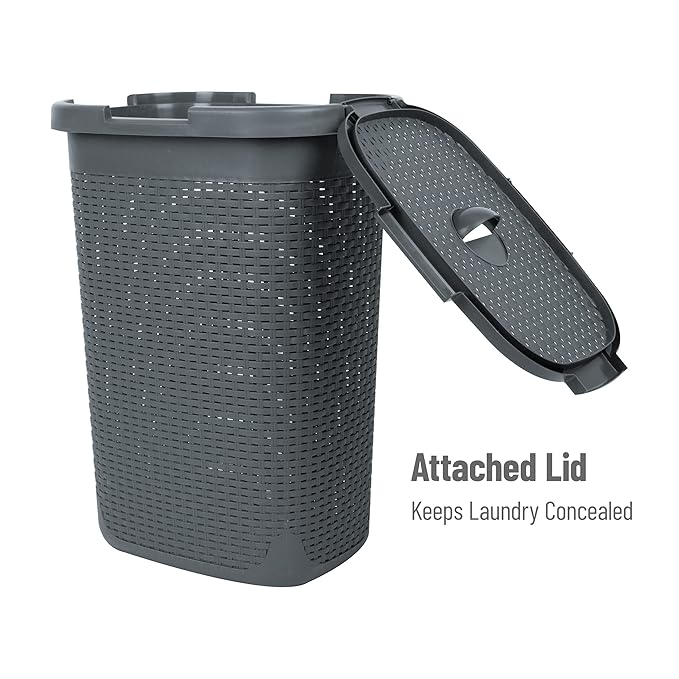 Mind Reader Slim Laundry Hamper with Lid, 60L Clothes Basket, Premium Wicker Design, Plastic, Gray