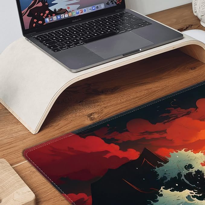 Japanese Sea Wave Large Mouse Pad,Gaming Keyboard Desk Pad,Extended Mouse Mat Non-Slip Rubber Base with Stitched Edges for Office Game Home XXL 35.4"x15.7"
