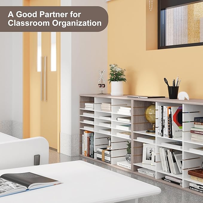 Literature Organizer 27 Slots Wooden Mailboxes for Classroom Office Mail Organizer Countertop Vertical File Sorter with Adjustable Shelves Heavy Duty Office Mailbox Cubbies, Retro Grey/White