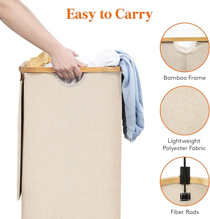 Lifewit 100L Laundry Basket with Lid, Clothes Hampers for Laundry with Bamboo Handles and A Removable Bag, Large Foldable Laundry Hamper for Bedroom, Bathroom, Dorm, Laundry Room, Beige
