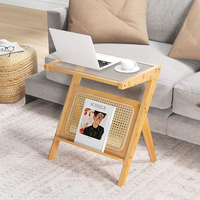 GOFLAME Rattan Side Table Set of 2, Z-Shaped End Table with Tempered Glass Top, Magazine Rack, Boho Night Stand, Small Coffee Table, Bamboo Accent Bedside Table for Living Room, Bedroom, Natural