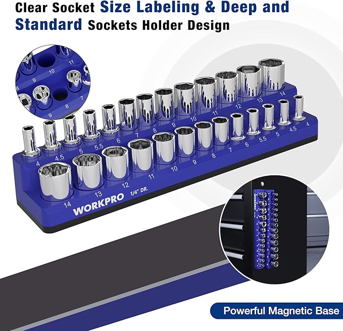 WORKPRO Magnetic Socket Organizer, 1/4-Inch Metric Socket Holder, Tool Trays Holds 26 Pieces Standard Size and Deep Size Sockets(Sockets not Included)