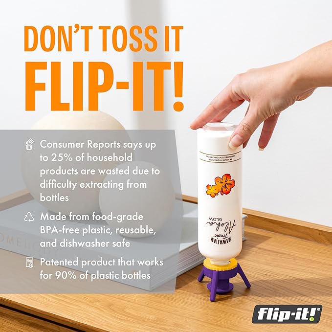 Flip-It! 1-Pack Bottle Emptying Kit – No More Wasted Product - Fits Most Plastic Bottles – Get Out Every Drop of Shampoos, Lotions, & More – 1 Base Cap, 3 Adapters – Bright Color Edition