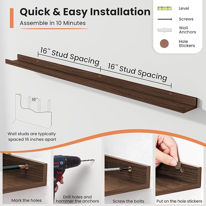 Fun Memories Picture Ledge Shelf, 48 Inch Long Floating Shelves Set of 6, Picture Shelf for Wall with Lip, Large Nursery Book Shelves for Storage, Wall Shelves for Living Room Bedroom Kitchen, Walnut