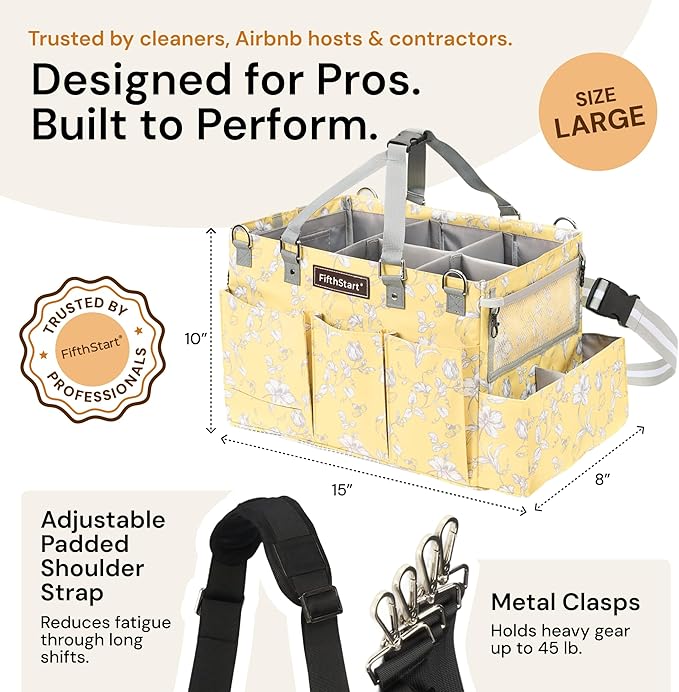 FifthStart Multiuse Cleaning Caddy - Diaper Caddy with Waist, Shoulder Strap, 9 Pockets, Mesh Base & Adjustable Compartments - Cleaning Supplies Organizer (Yellow Floral, Large)