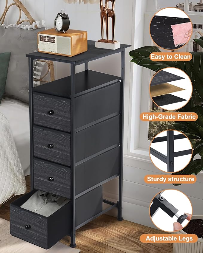 Narrow Dresser for Bedroom, Fabric Tall Dresser & Chests of Drawers with 4 Drawers, Vertical Organizer Storage Tower Unit for Bedroom, Hallway, Entryway Black Wood Grain