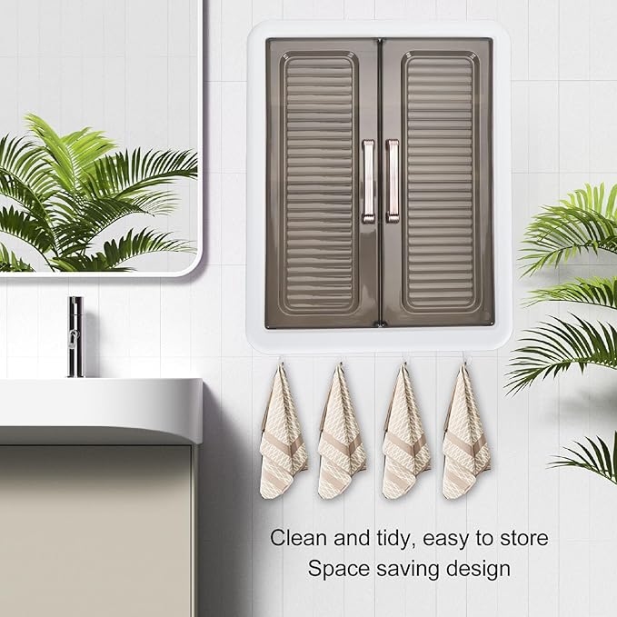 TOPINCN Wall Mounted Bathroom Cabinet, Makeup Organizer Shelf Perfume Cosmetic Display Cabinet with Hooks, Over The Toilet Storage Organizer Skincare Storage Rack for Bathroom