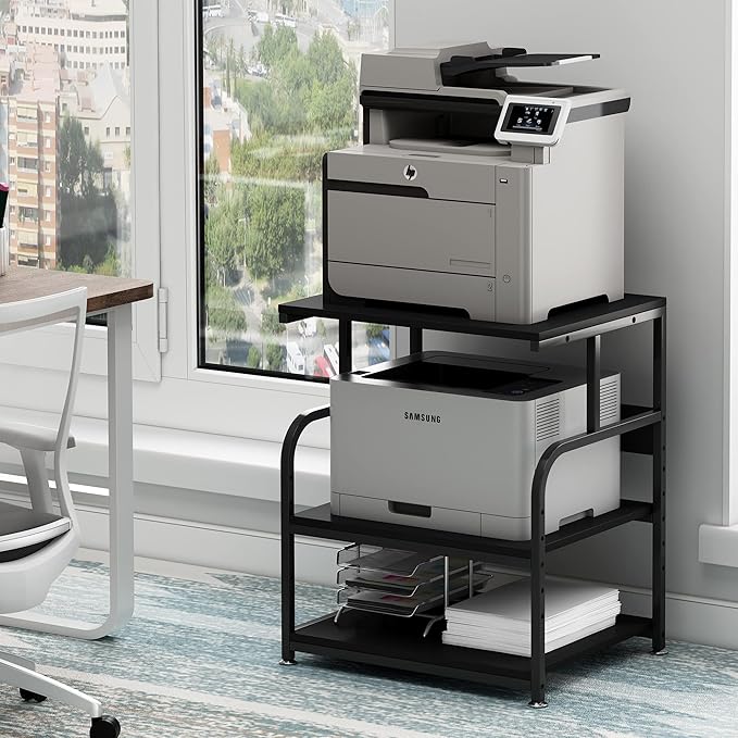 Printer Stand, 23.6 x18.9 x 30 Inches Large Printer Table with Adjustable Storage Shelf, 3 Tier Rolling Printer Cart with Wheels for Home Office, Stand for Heat Press Mini Fridge, Black