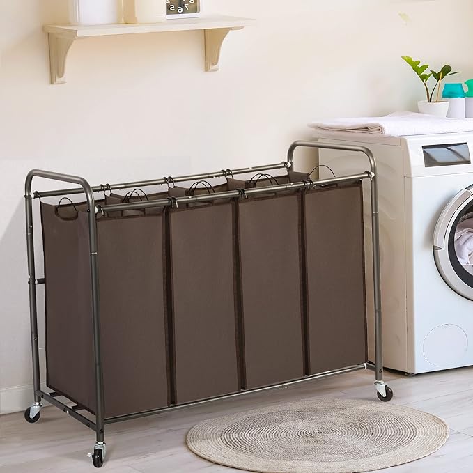 STO STO Laundry Sorter 4 Section, 4 Bag Laundry Hamper, Rolling Laundry Cart, Laundry Basket with Heavy Duty Lockable Wheels and Removable Bag for Clothes Storage, Brown
