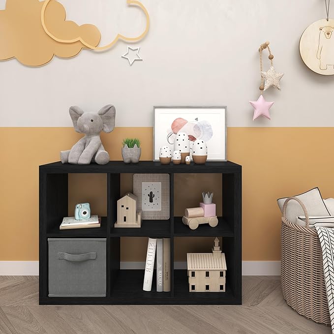 6 Cube Organizer, Cube Storage Organizer with Fabric Bin, Cube Storage Shelf for Bedroom, Living Room, Office, Modular Bookshelf Organizer for Books, Closet, Black