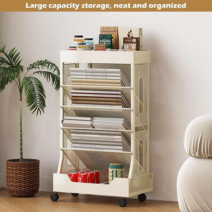Book Cart with Wheels Mobile Bookshelf Rolling Bookshelf Organizer Bookcase Book Storage Rack, Book Movable Rolling Carts with Wheels for Office School, Beige