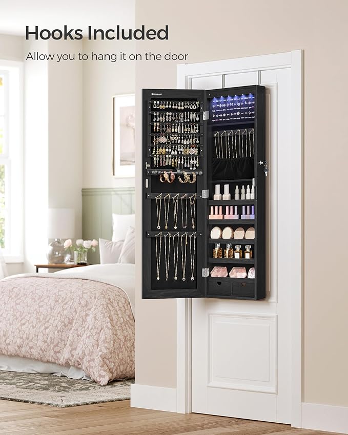 SONGMICS Hanging Jewelry Cabinet, Wall-Mounted Cabinet with LED Interior Lights, Door-Mounted Jewelry Organizer, Full-Length Mirror, Christmas Gift Idea, Ink Black UJJC099B01