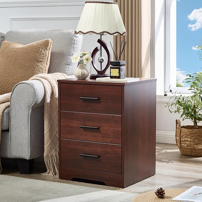 LIDYUK Dresser for Bedroom, Wood Dresser with 3 Drawers, Modern Minimalist Dressers & Chests of Drawers, 21 Inches Side Table Nightstand with Charging Station for Bedroom, Dark Cherry