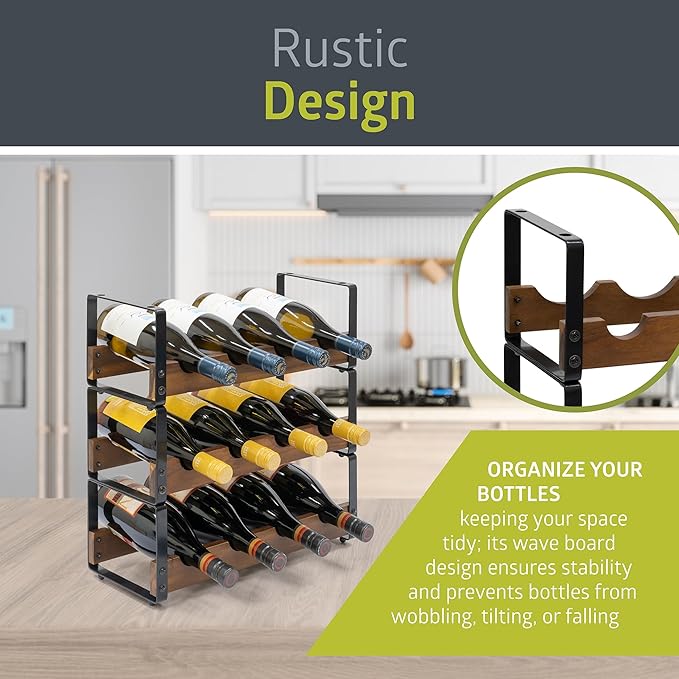 Pearington 12 Bottle Stackable Wine Rack, Rustic 3-Tier Solid Acacia Wood and Iron Wine Bottle Holder, Free Standing Countertop Liquor Display Shelf, 17" x 7.2" x 16.5"
