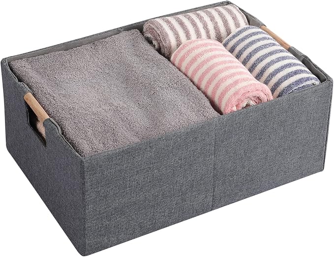 Fabric Storage Bin 3 Pack Foldable Cotton Linen Storage Basket with Wooden Handles Rectangular Cube Box - Gray, Large