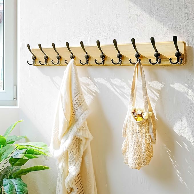 Dseap Coat Rack Wall - Heavy-Duty 38-1/4" Long, with Reinforced 10 Custom Tri-Hooks, Solid Wood Wall Hanger for Coats Hat Jackets - Rustic Farmhouse Entryway Storage, Light Brown & Black, Pack of 2