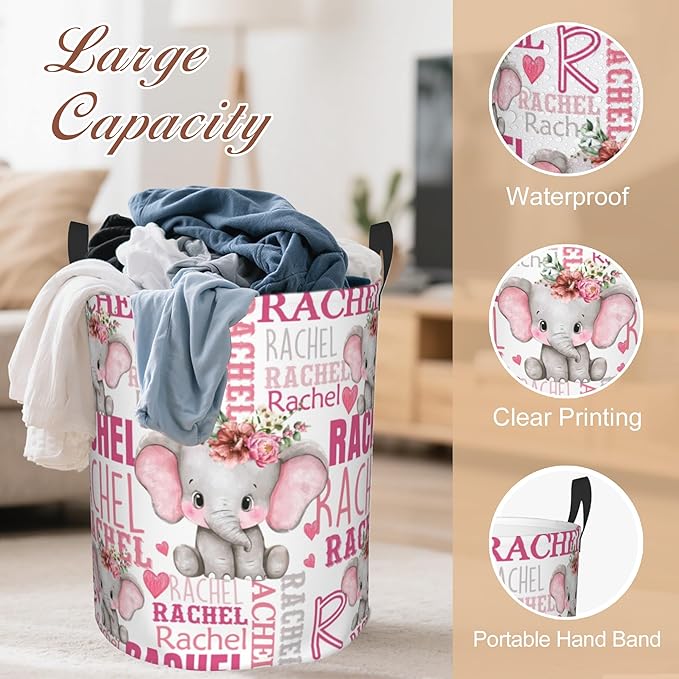 Custom Name Laundry Hamper, Personalized Elephant Laundry Basket with Name for Boys Girls Kids Men Women, Customized Name Dirty Clothes Basket Gifts for Clothes Toy Bathroom Bedroom Laundry Room Dorm