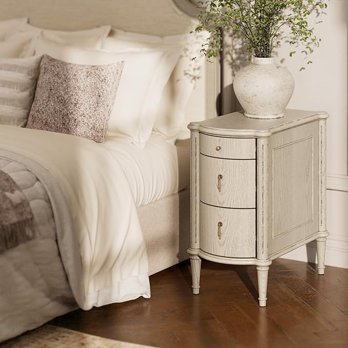 STO'SENSE Nightstand w/Charging Station & 3 Drawers, Pre-Assembled, Vintage Side Table w/Antique-Finished Pulls, Rustic Wood Finish, Narrow End Table w/Turned Legs for Bedroom (1, Antique Grey)