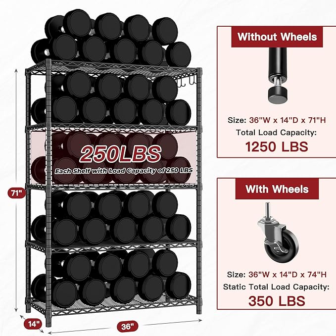PrimeZone 74''H Wire Shelving 1250lbs 5 Tier Storage Shelves with Wheels NSF Certified Heavy Duty Steel Metal Shelf Adjustable Rolling Rack Kitchen Garage Closet Pantry Laundry 74''HX36''WX14''D 4PCS
