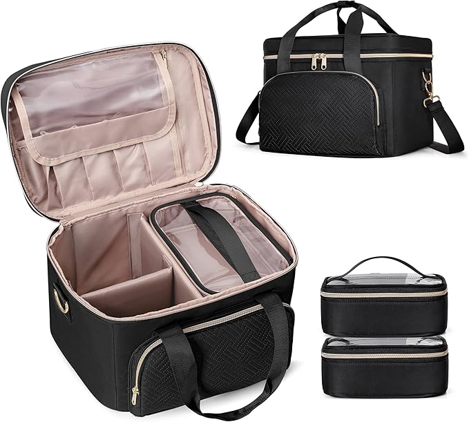 Travel Makeup Bag with 2 Pouches and Adjustable Dividers, Large Cosmetic Case Make up Organizer for Women Fits Bottles Vertically, Black (Patented Design)