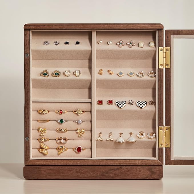CHOSIN Black Walnut Wooden Jewelry Box, 360° Rotating Organizer with Glass Lid, 5 Drawers for Earrings, Rings, Necklaces – Vertical Jewelry Storage for Women Christmas Gifts