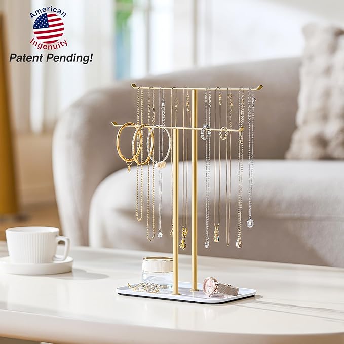 pickpiff Necklace Holder Jewelry Organizer Stand – 2‑Tier T‑Bar Jewelry Display Tree with Tray for Countertop Necklace Bracelet Earring Storage, Vanity Dresser Bathroom Sink, Gold