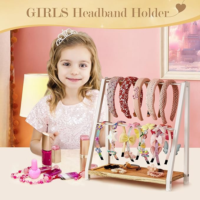 Headband Holder Organizer Metal 2-Tier Display Stand for Selling, Home Bedroom Headband Storage for Girls Women, Headband Stand Wood Base Can Store Hair Ties, White