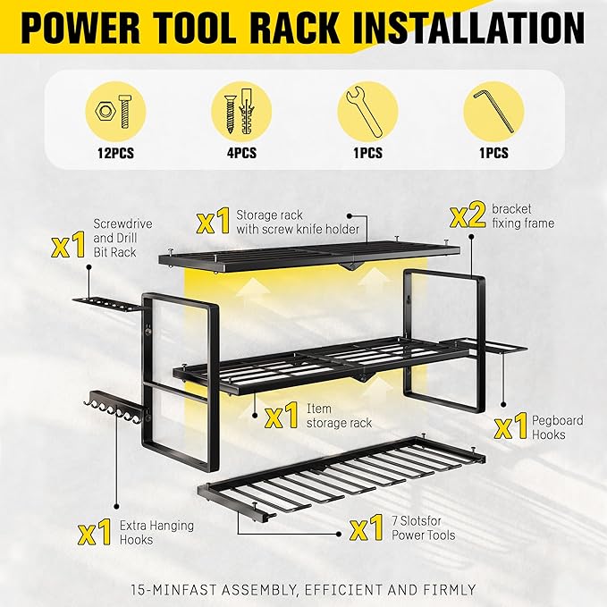Power Tool Organizer Wall Mount - 300Lbs Load 3 Layers Storage Rack with 7 Drill Holders for Drills Cordless Tools. Heavy Duty Iron Garage Tool Organizer Storage for Workshop Shed Pegboard Basement