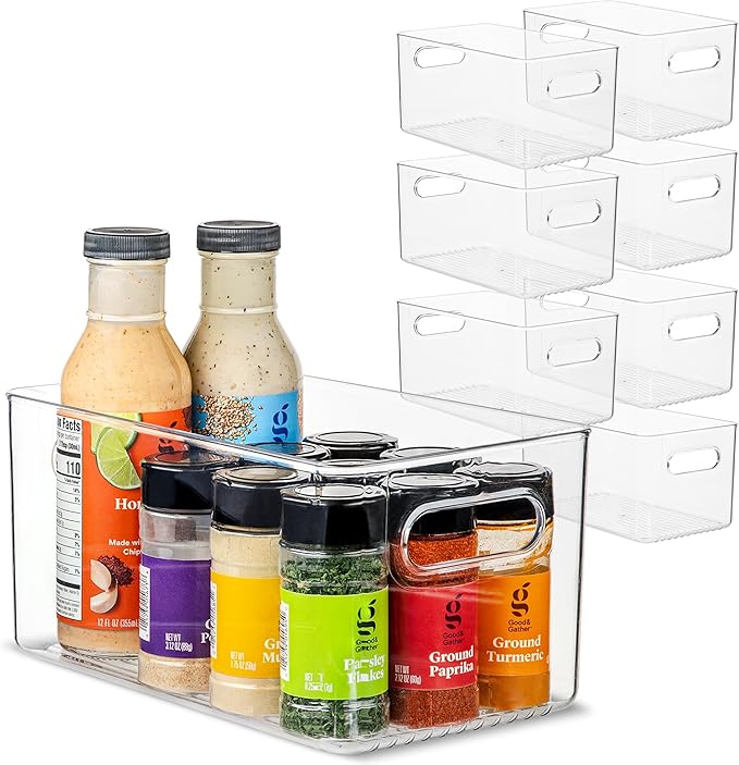 primebox Plastic Food Storage 8 Pack Clear Container Bin with Handles for Organizing Kitchen, Pantry, Fridge, Freezer, Pantry,Bathroom. 10"x6"x5"