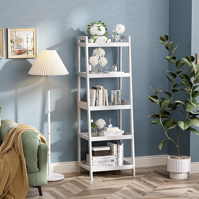 Bookshelf, 5 Tier Ladder Bookcase with Bamboo Frame, Freestanding Tall Narrow Display Plant Shelf for Living Room, Kitchen, Bedroom, Balcony, White