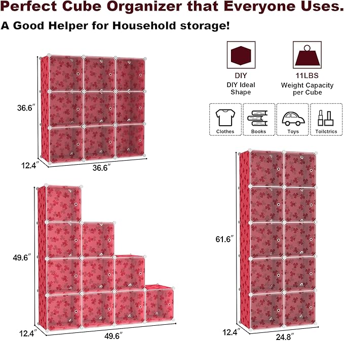 C&AHOME Cube Storage Organizer with Doors, 10-Cube Shelves, DIY Plastic Modular Bookshelf, Closet Clothes Storage Shelving Ideal for Bedroom, Living Room, Clover Embossed, Red