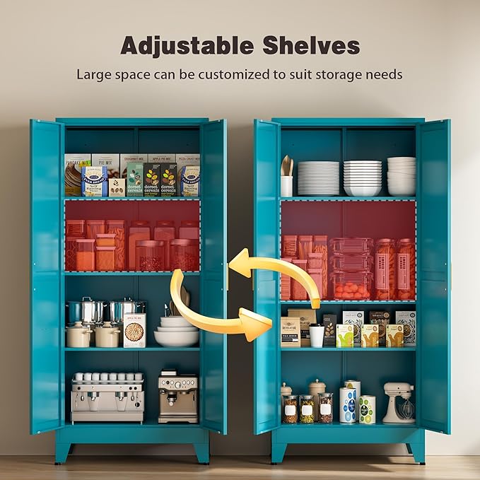 Metal Pantry Cabinet, 61" Tall Kitchen Storage Cabinet with 2 Doors and 3 Adjustable Shelves for Kitchen, Living Room, Dining Room, Bathroom and Home, Office