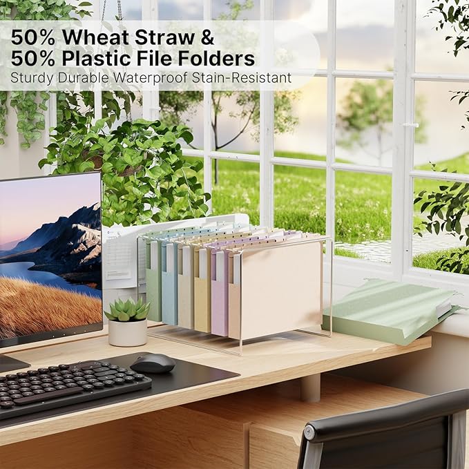Wheat Straw Plastic Hanging File Folder Letter Size, 12 Pack Extra Capacity Hang Folders with Tabs for Filing Cabinet, Heavy Duty 1" Pastel Expanding Pocket for File Frame Box, File Organizer