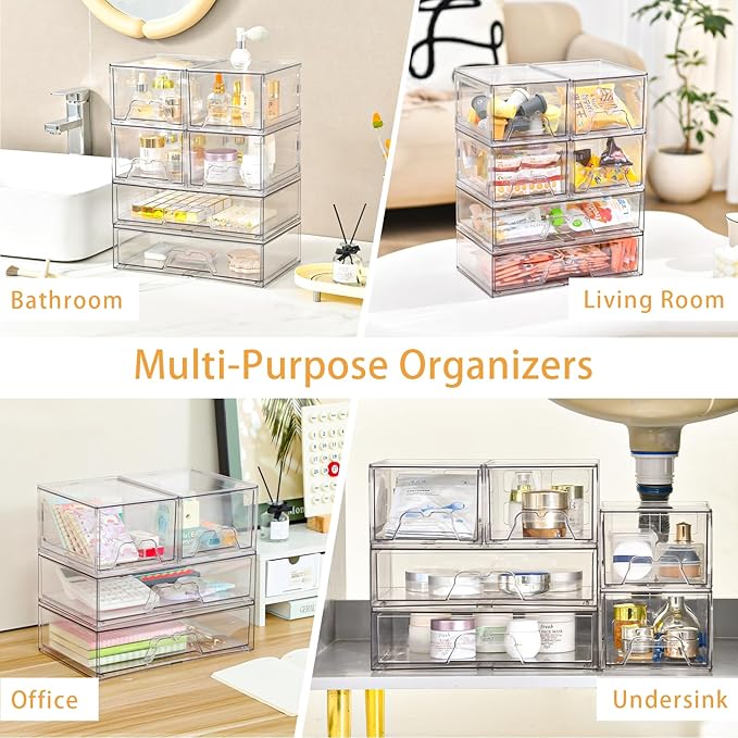 6 Pack Stackable Storage Drawers Clear Acrylic Organizer Makeup Bathroom Organizer and Storage Bins for Beauty Supplies,Ideal for Vanity, Bathroom,Pantry Organization